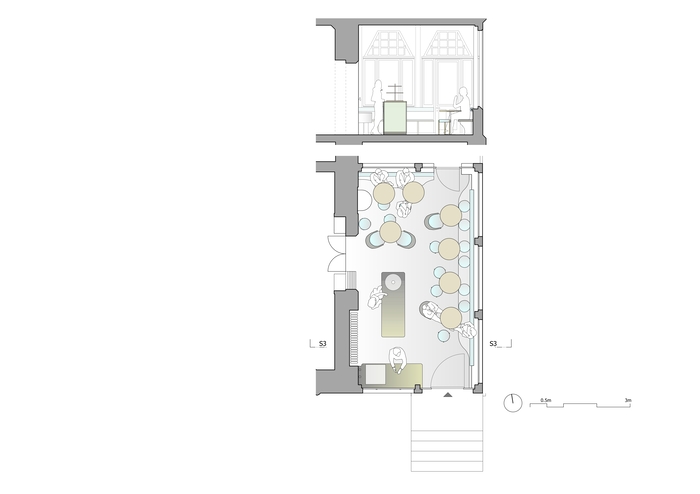 Grundriss und Querschnitt des Veranda-Cafés. Verena Frey Innenarchitektur, 2022