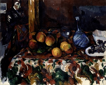 Paul Cézanne, Pfirsiche, Karaffe und Figur, um 1900