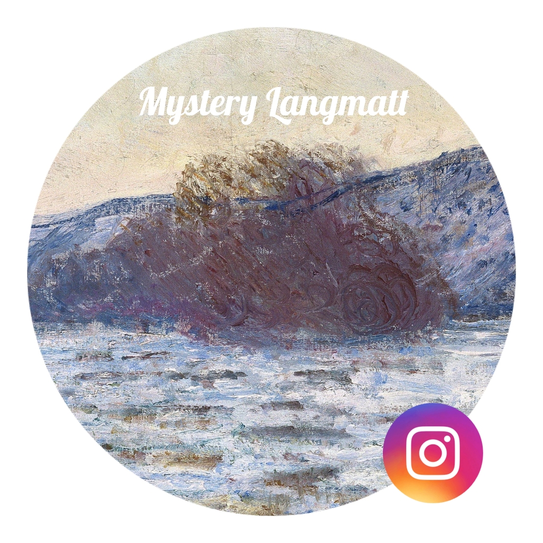 Logo «#Mystery Langmatt»: Ausschnitt von Claude Monets Gemälde «Eisschollen im Dämmerlicht», kombiniert mit dem Intagram-Logo