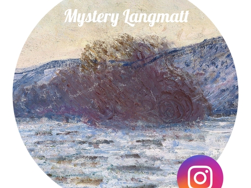 Logo «#Mystery Langmatt»: Ausschnitt von Claude Monets Gemälde «Eisschollen im Dämmerlicht», kombiniert mit dem Intagram-Logo