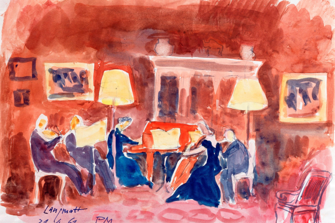 Peter Mieg, Musikabend in der Langmatt, 1961, Aquarell über Bleistift auf Papier, 28 x 36 cm, Museum Langmatt
