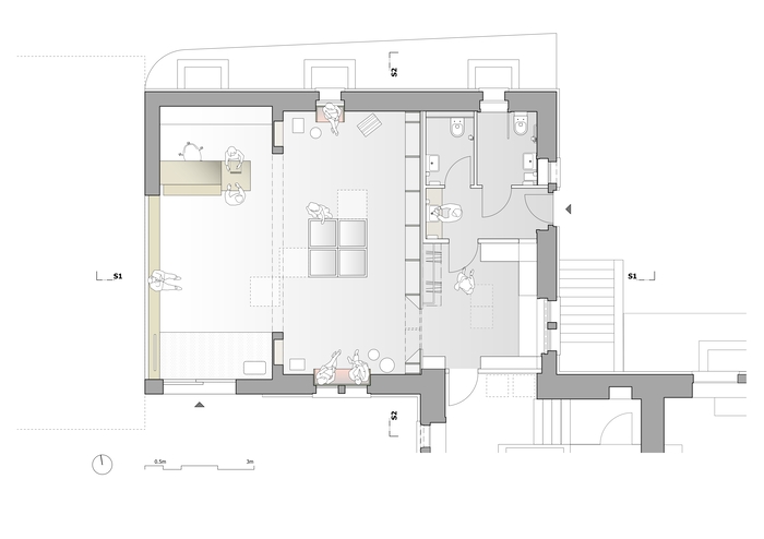 Grundriss des neuen Eingangsbereichs mit Kassentresen, Museumsshop und Garderobe. Verena Frey Innenarchitektur, 2022